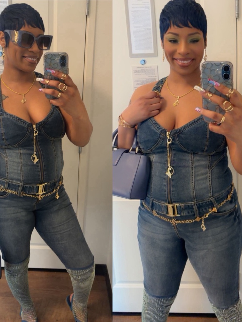 Baby Phat Blue Denim Women's Jean Overalls with BP Gold Charm